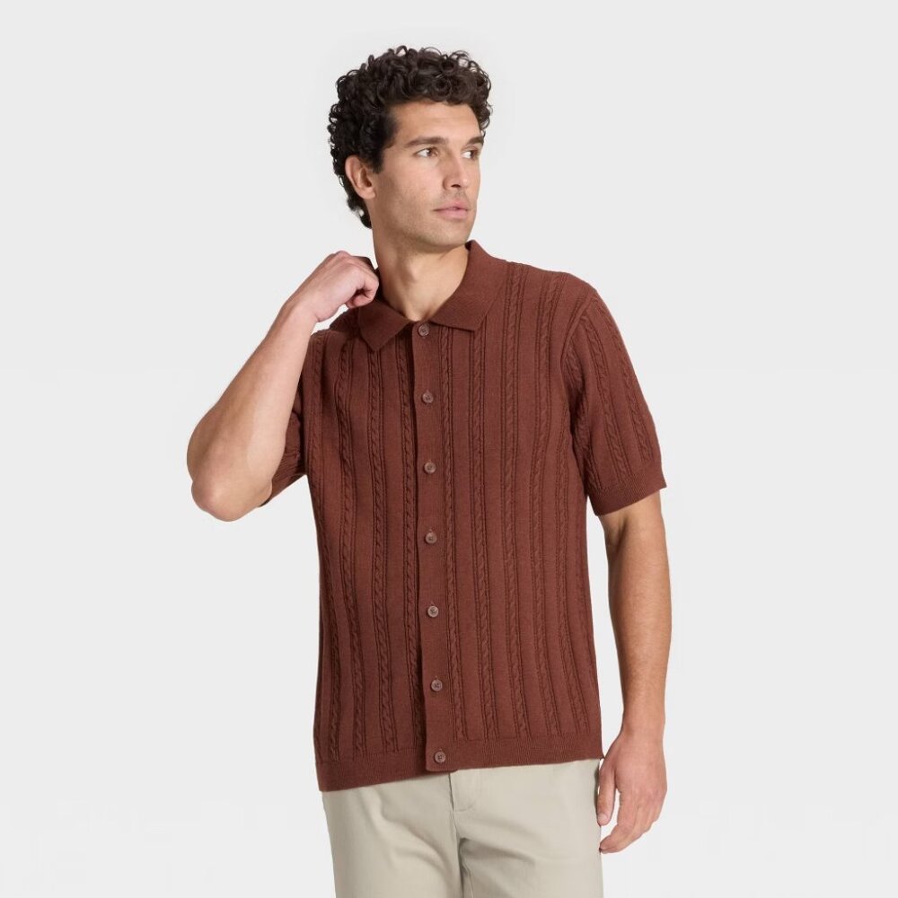 NEW Men's Short Sleeve Cable Full Button Sweater - Goodfellow & Co™ Brown XXL